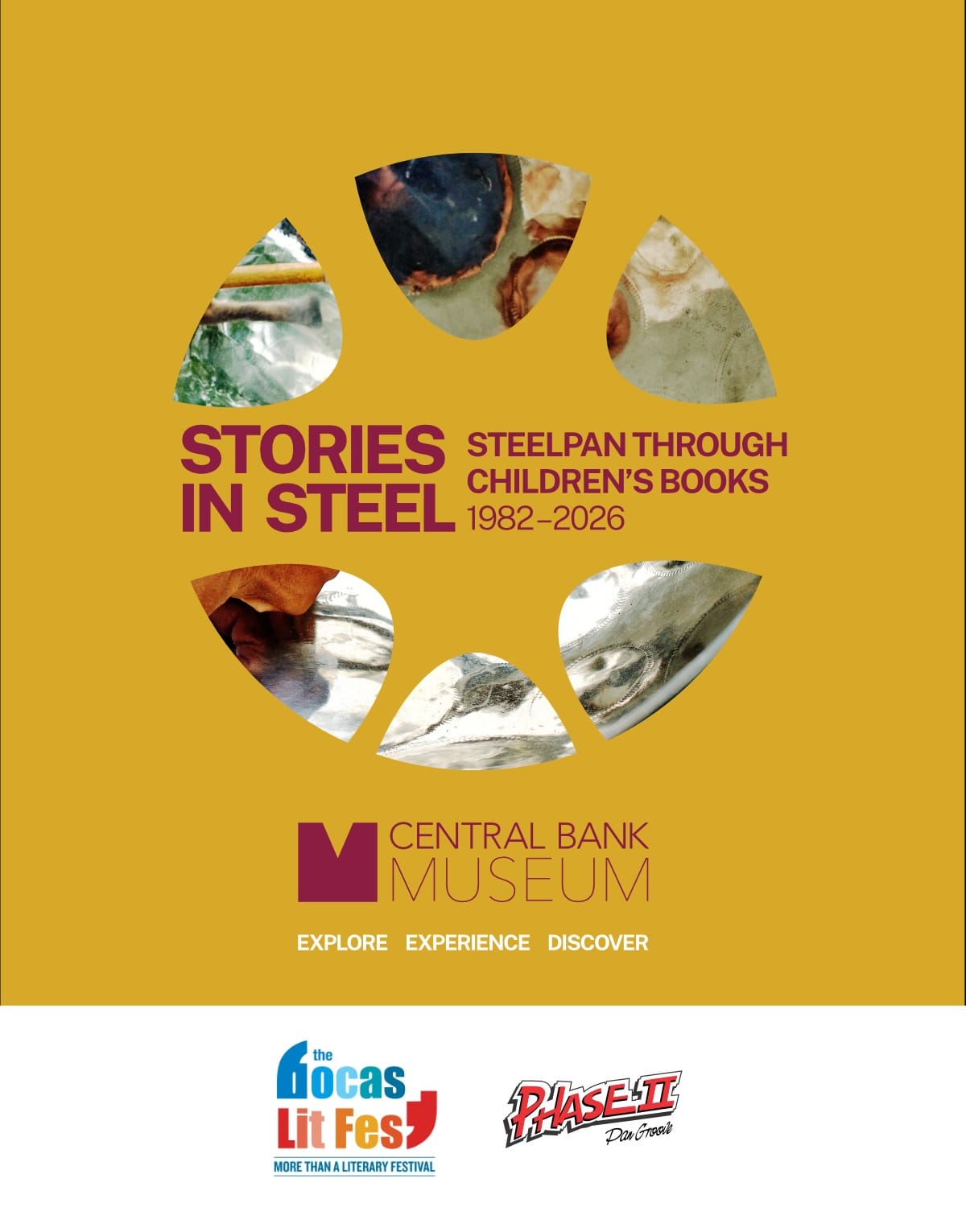 Stories in Steel: Steelpan through Children’s Books 1982–2026 exhibition flyer — Central Bank Museum, Bocas Lit Fest and Phase II Pan Groove