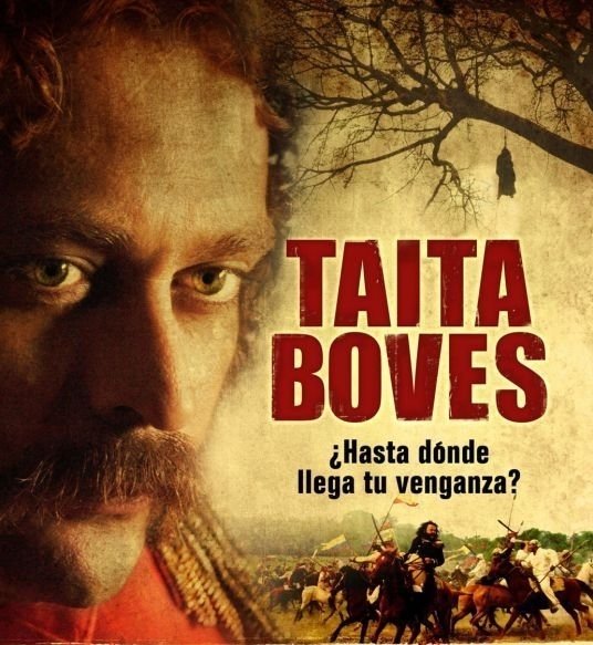 Film poster for Taita Boves showing a close-up of a man’s face, a hanging silhouette from a tree, and soldiers on horseback.