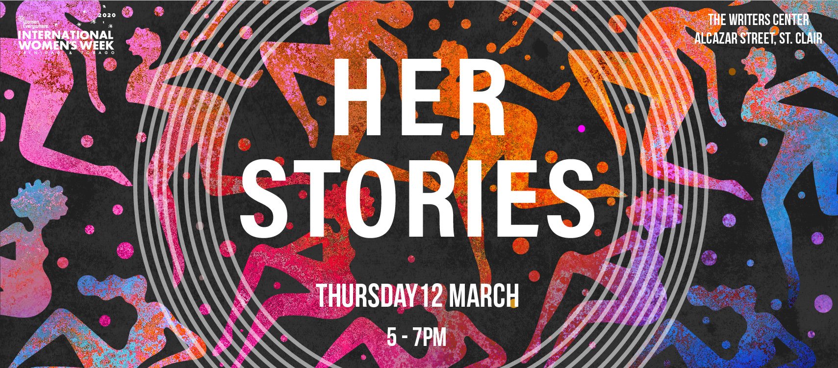 Event poster for the “Her Stories” International Women’s Week event at The Writers' Centre, Thursday 12 March, 5-7pm.