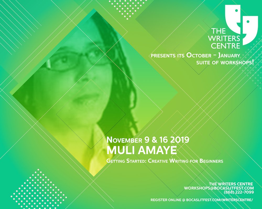 Poster for a Muli Amaye creative writing workshop at The Writers' Centre on 9 and 16 November 2019, including registration contact information.