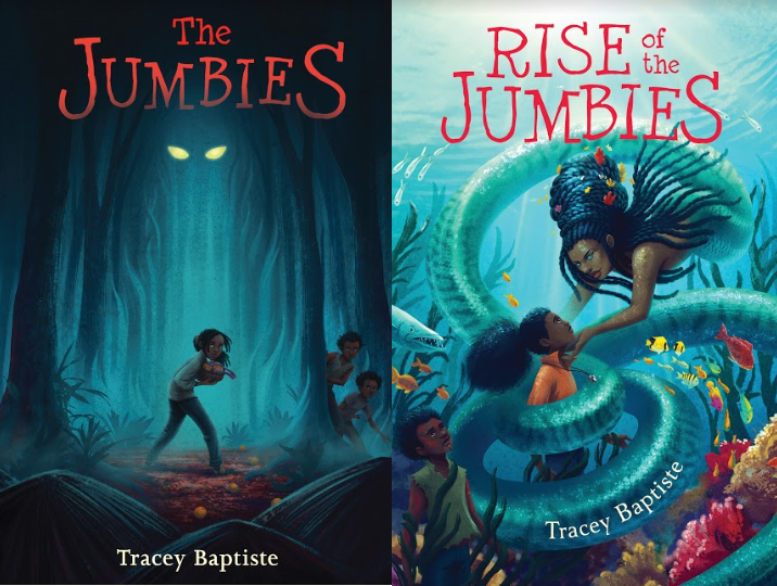 Book covers for The Jumbies and Rise of the Jumbies, featuring illustrations of characters in dark forest and underwater settings for interactive reading.