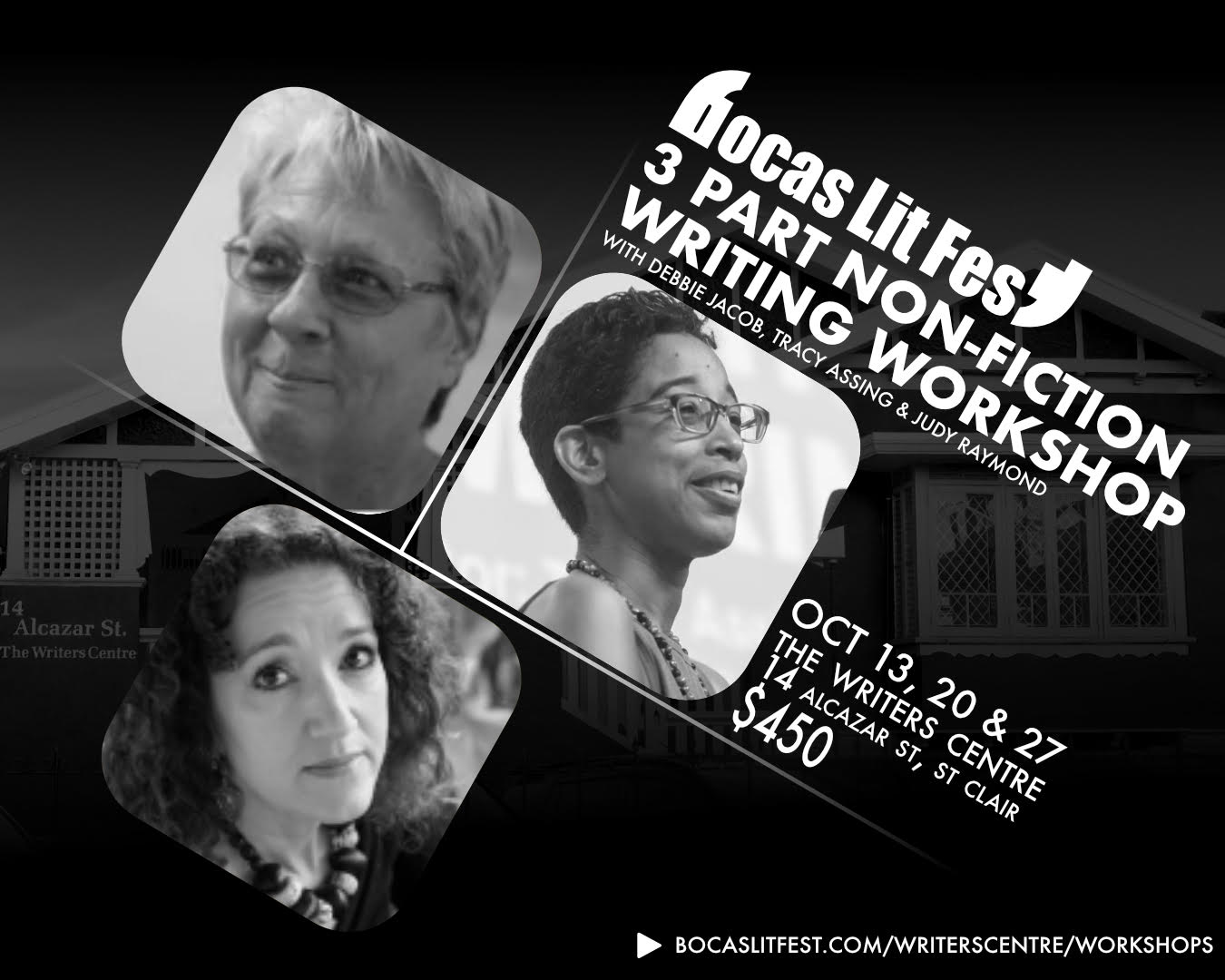 Bocas Lit Fest non-fiction writing workshop with Debbie Jacob, Tracy Assing, and Judy Raymond, including dates, location, and registration details for this writing course.